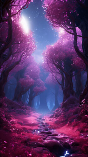 photo de nuit d'un chemin parsemé de fleurs et entouré d'arbres centenaires sur lesquelles la lumiere de la lune reflechit