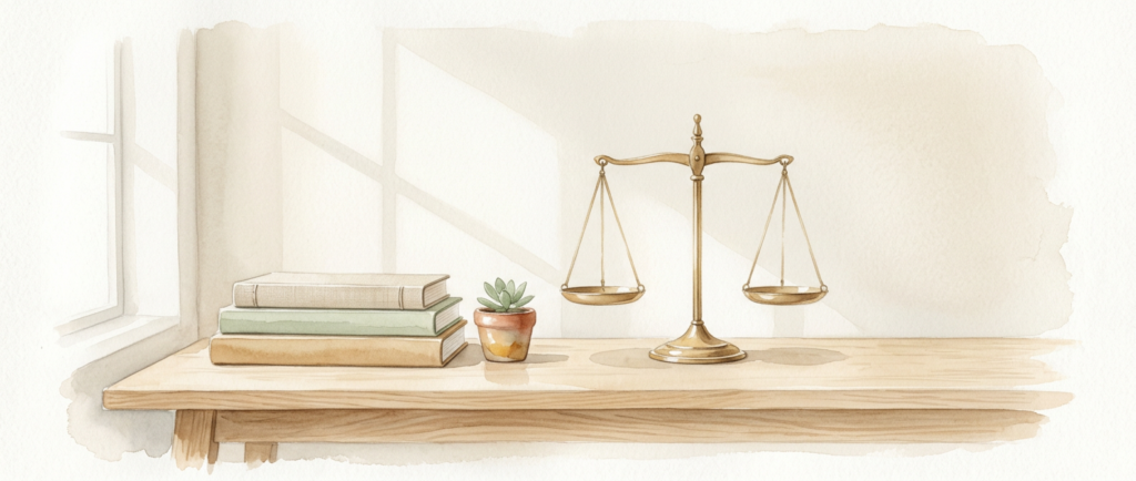 mentions legales illustration aquarelle douce d'une balance en laiton doré representant la justice